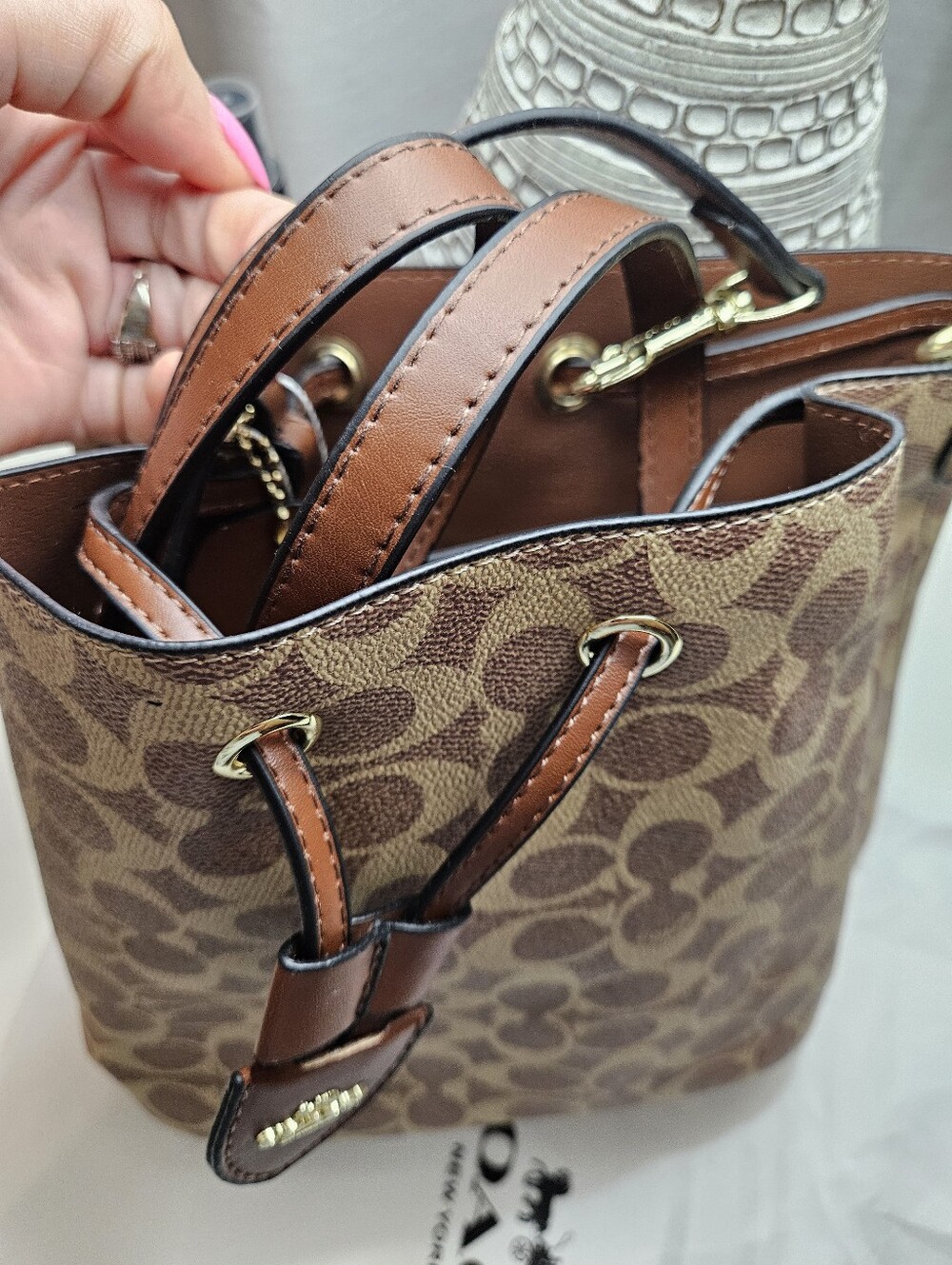 Brown Signature Canvas Drawstring Bucket Bag with Matching Pouch - Picture 4 of 9
